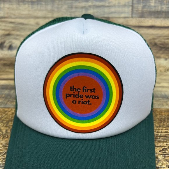 Gay Pride Mens Trucker Hat Green Snapback Riot Equality LGBTQI Rainbow Ball Cap - Picture 3 of 8